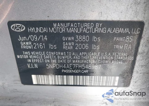 2015 Hyundai Elantra Se z USA, uszkodzony, nr VIN 5NPDH4AE7FH548987